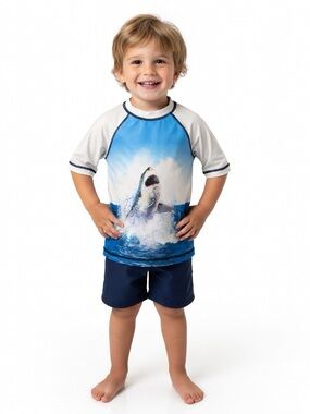 Boys’ Shark Print Rash Guard Swim Shirt - Blue